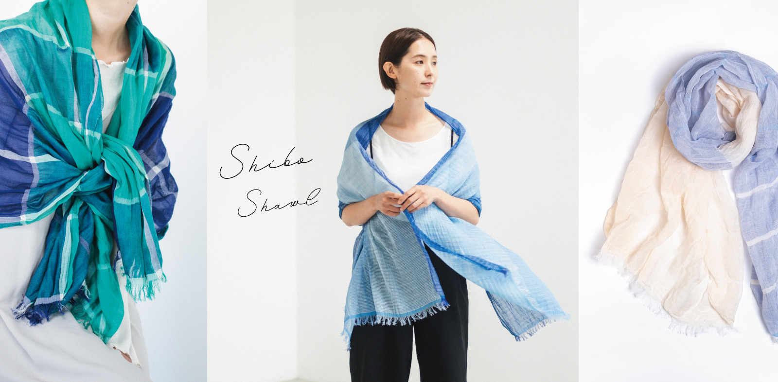 絣染めシルクコットンショール　ブルー　女性着用画像